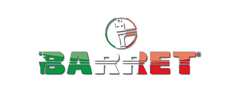 Logo per le armi da fuoco BARRET. Scritta verde, bianca e rossa, con l'icona di una pistola in un cerchio.