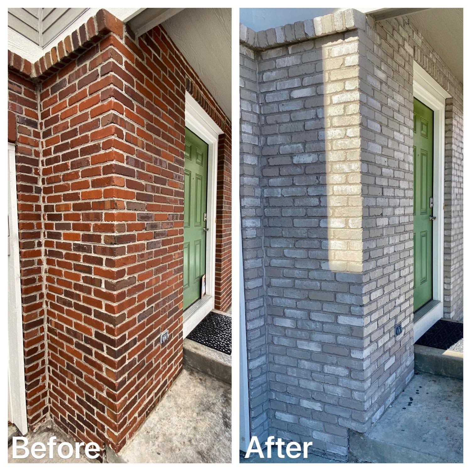 Before-and-after of a brick house exterior painted from red brick to light gray.