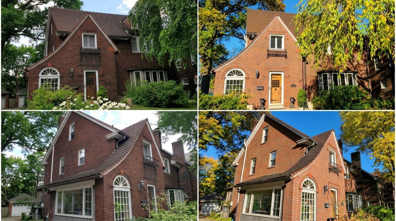 Four views of a red-brick house with steep roof, white trim, and lush trees in daylight