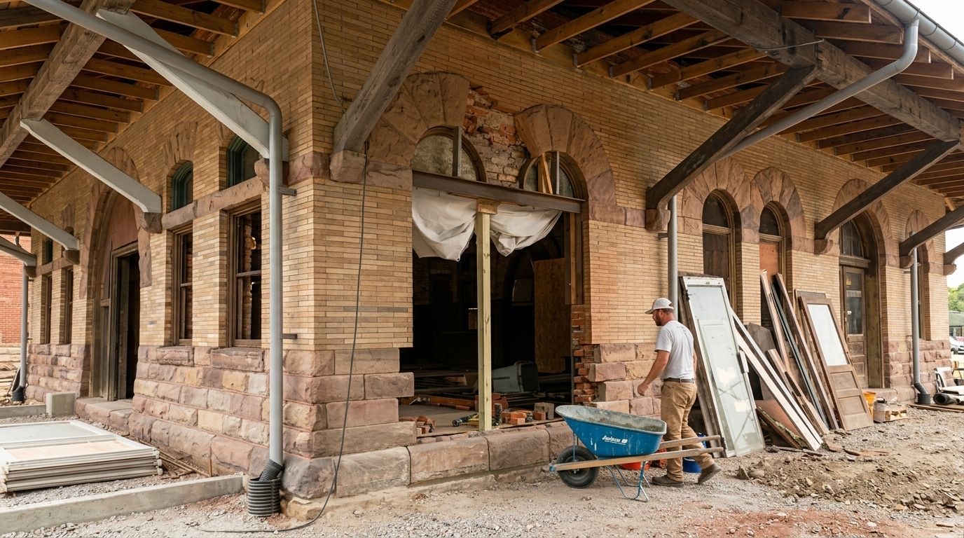 Partially restored brick building interior with exposed beams, columns, and construction materials scattered around