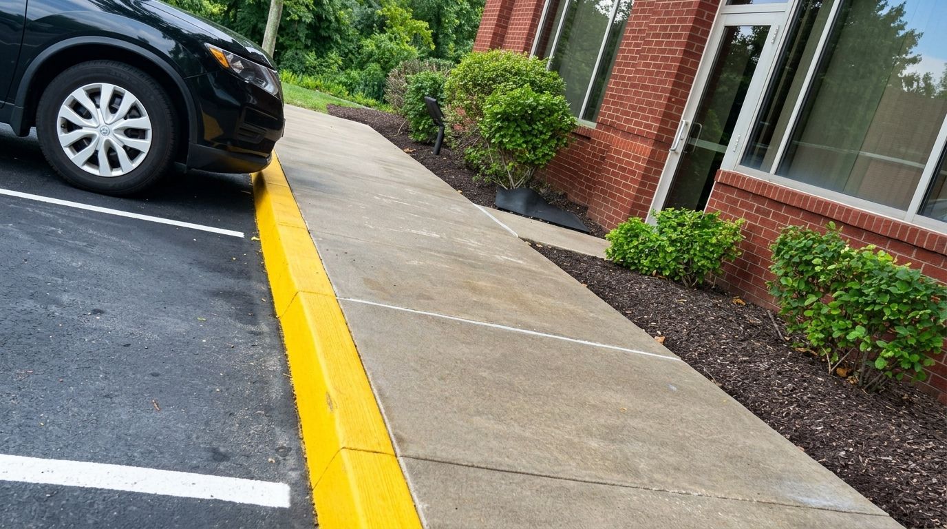 Black car parked beside a yellow curb next to a sidewalk and brick building entrance.