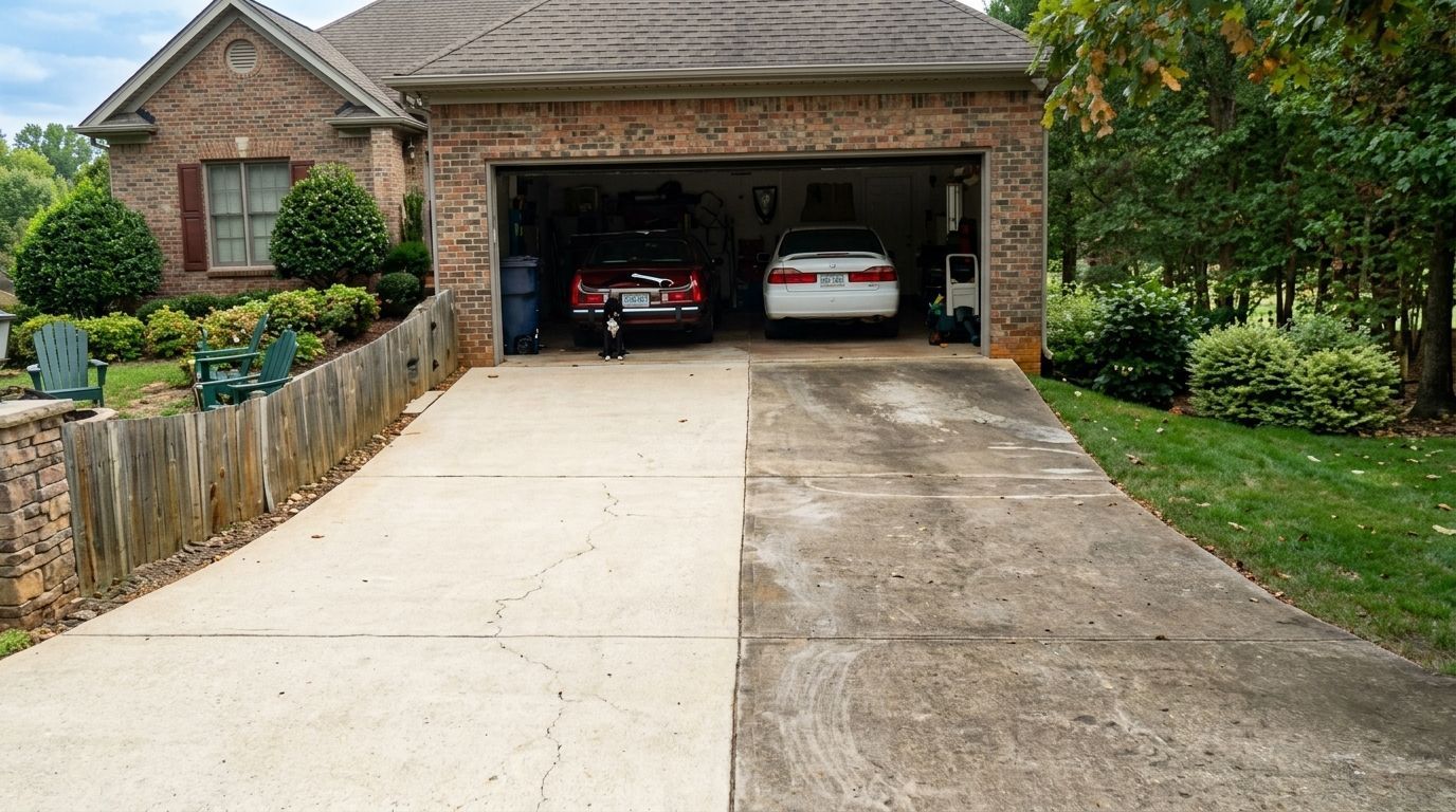 Brick house with open garage, two cars inside, and a concrete driveway bordered by greenery
