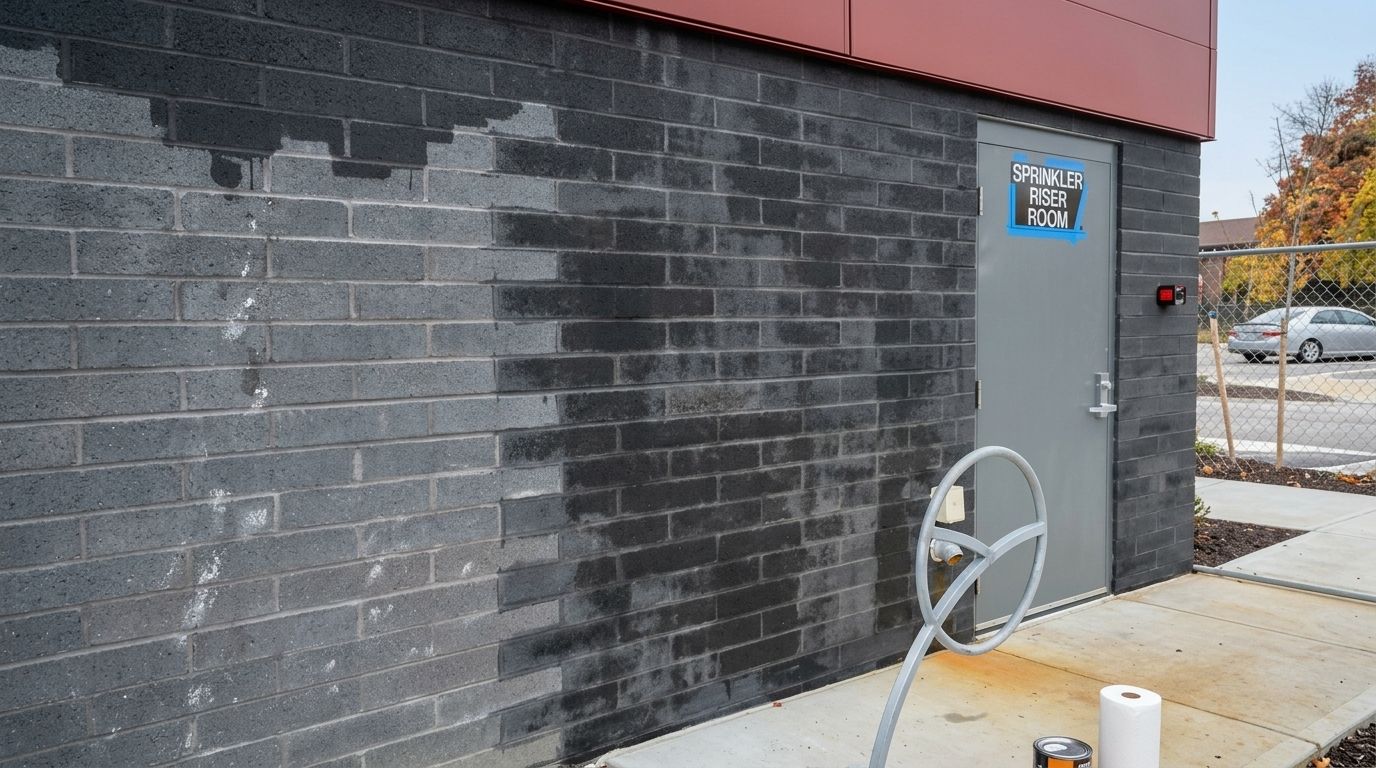Gray brick building corner with a metal door and circular utility wheel on a sidewalk.