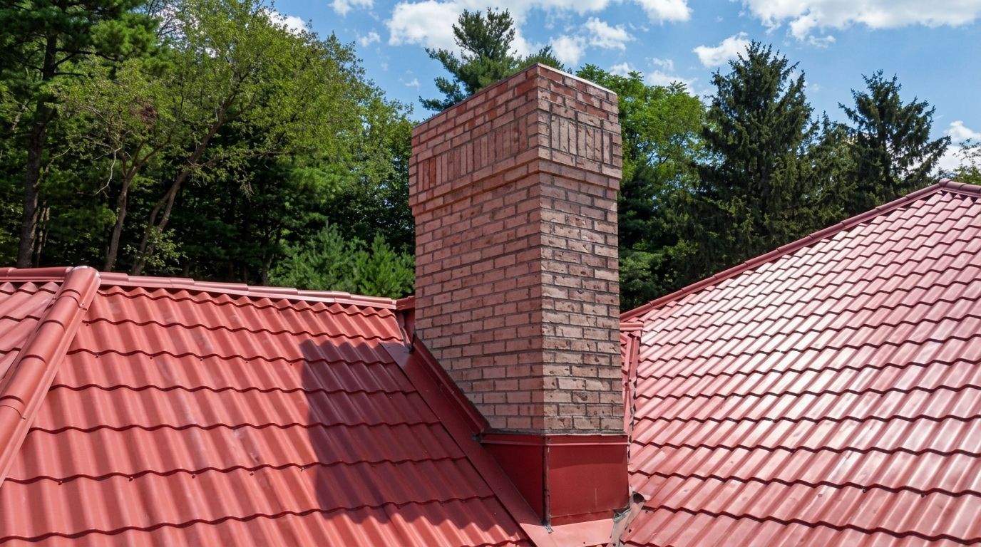 Red metal roof with a brick chimney against blue sky and trees