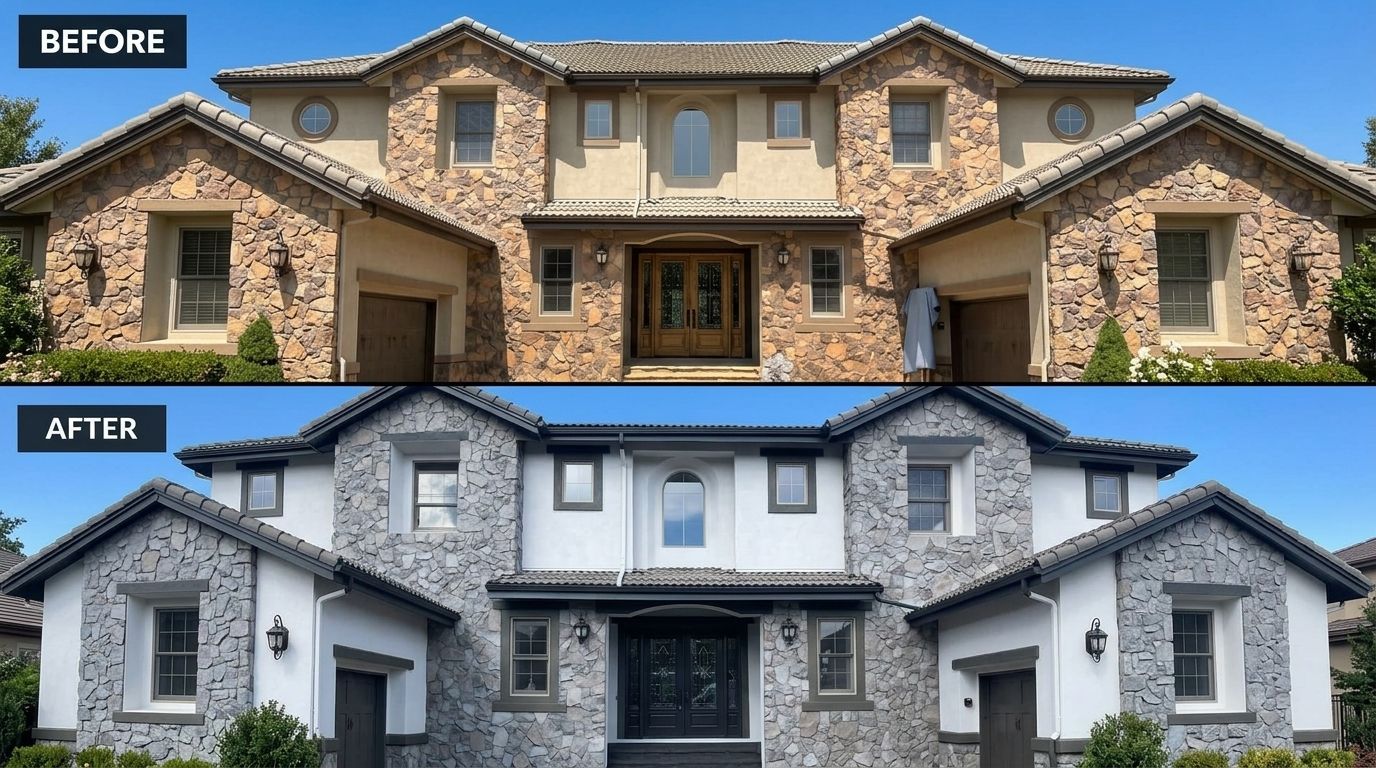 Before-and-after of a suburban house exterior: tan stucco transformed to white brick with dark roof accents.