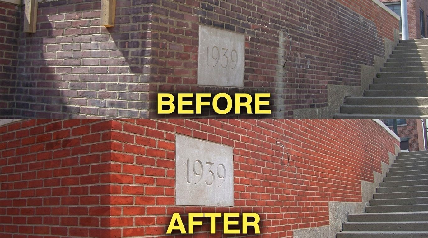 Before and after of a brick wall corner with a faded plaque, showing improved red brickwork.
