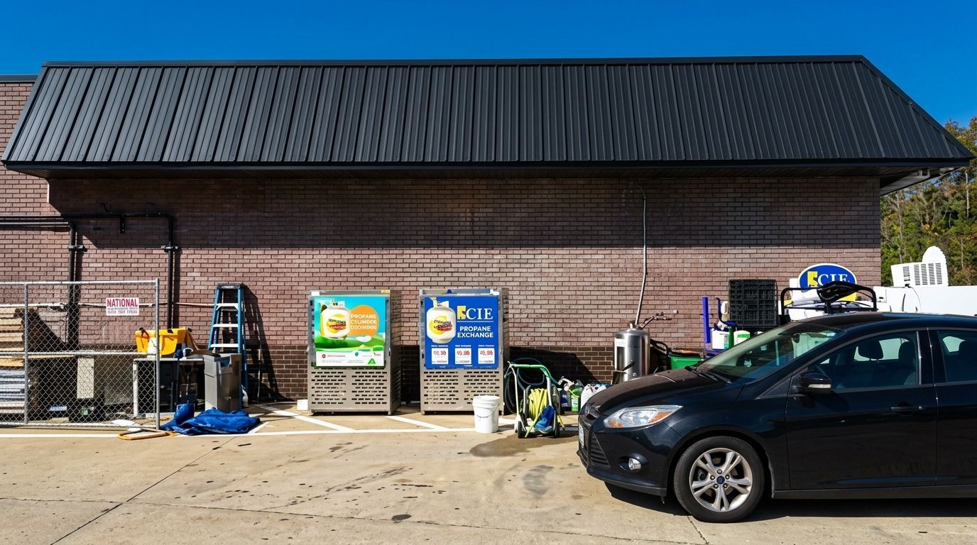 Storefront with brick wall, pallet displays, and a black car parked in front under a clear blue sky