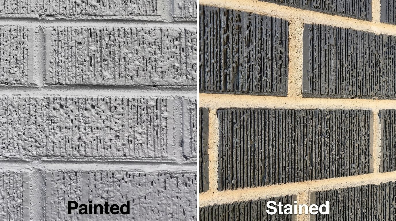 Split image comparing painted light-gray brick and stained dark-brown brick.