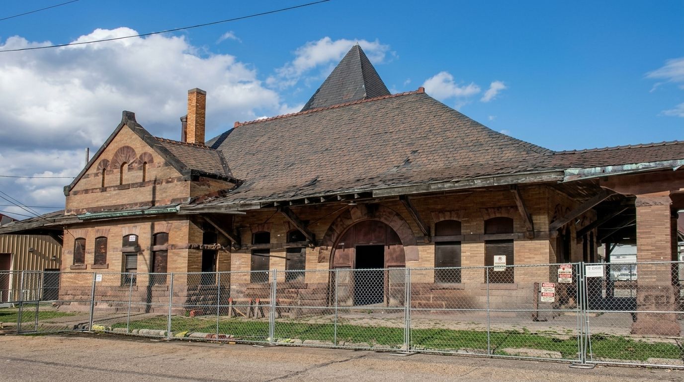 Old brick train station with a steep tiled roof behind a chain-link fence under a blue sky