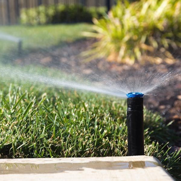 Lawn sprinkler spraying water over green grass in a garden