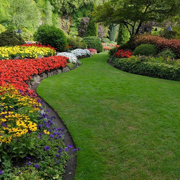 Curved garden path bordered by colorful flower beds and lush green trees