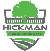 Hickman Landscaping LLC logo with green tree, fence, and stylized landscape shield