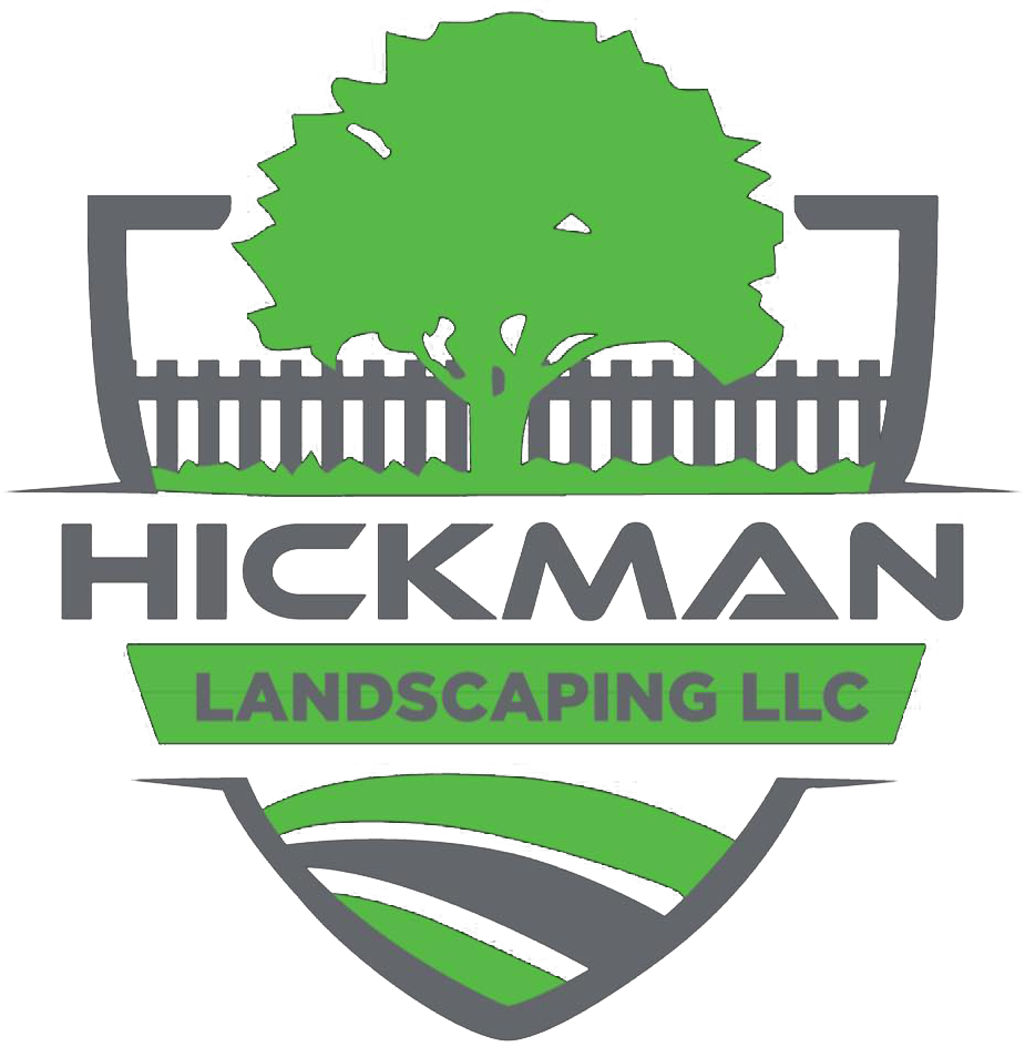 Hickman Landscaping LLC logo with green tree, fence, and stylized landscape shield