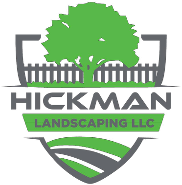Hickman Landscaping LLC logo with green tree, fence, and stylized landscape shield
