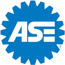 Blue gear-shaped logo with white text reading