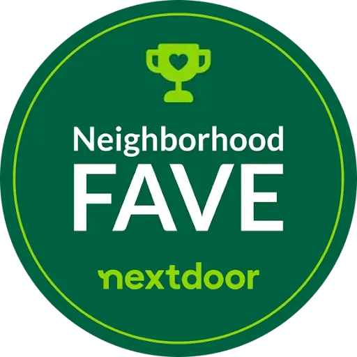 Green circular badge reading “Neighborhood FAVE” with the Nextdoor logo and trophy icon.