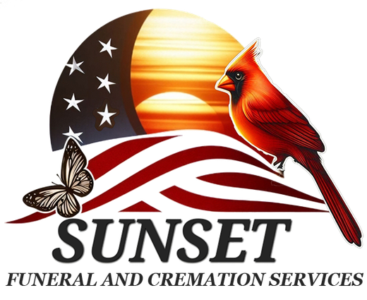 Sunset Funeral and Cremation Services logo: cardinal, butterfly, sunset, American flag design.