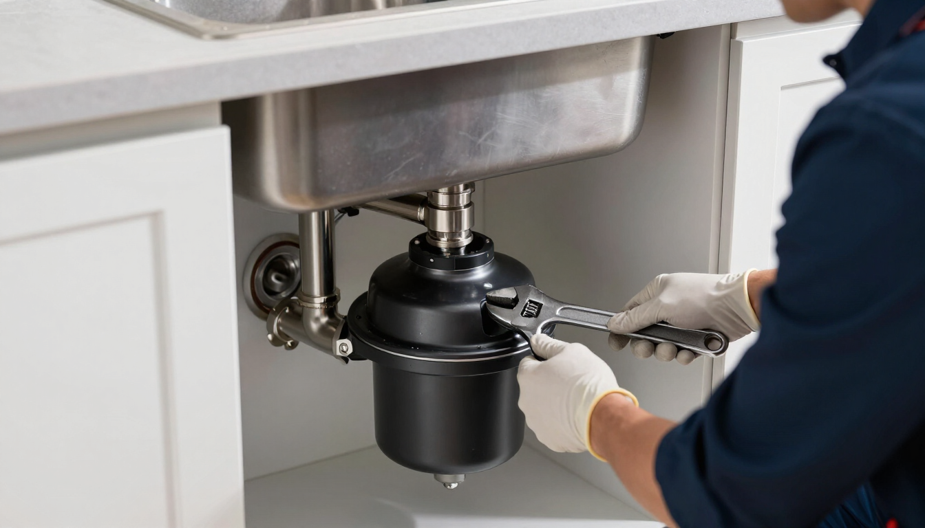 Worker installing a black garbage disposal under a kitchen sink with a wrench