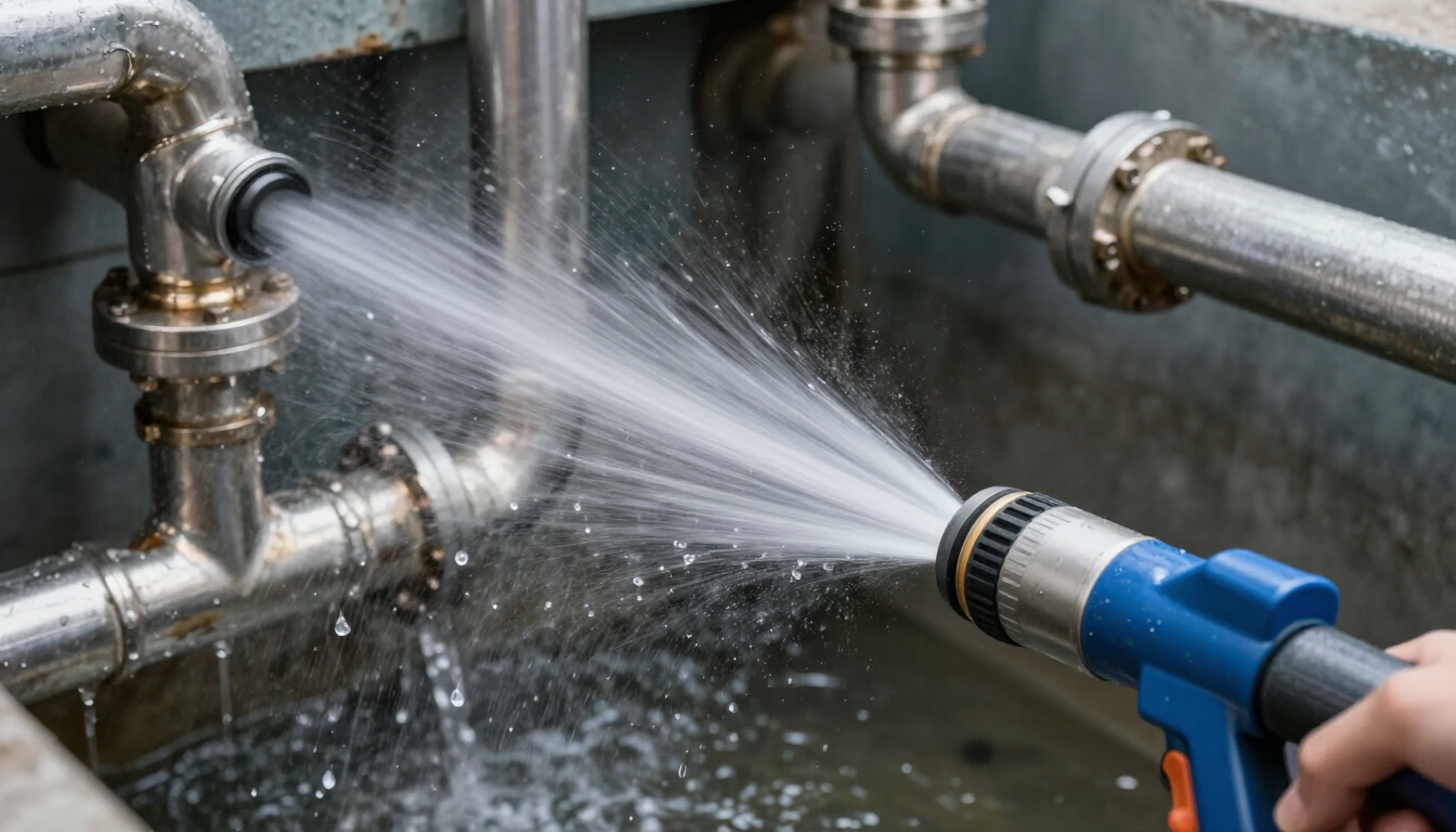 Blue hose spraying water onto metal pipes in an industrial sink
