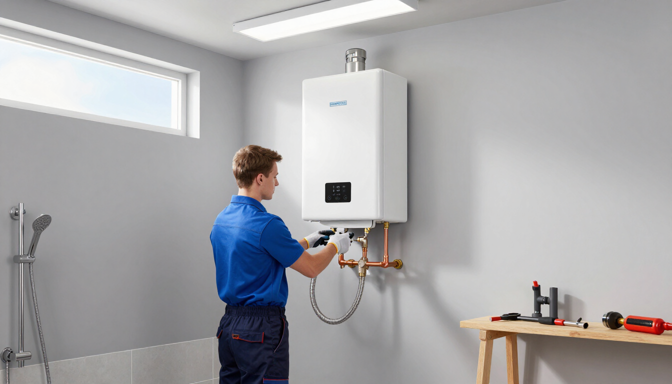 Technician installing a white wall-mounted boiler in a gray utility room