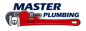 Master Plumbing logo with blue text and a red pipe wrench graphic