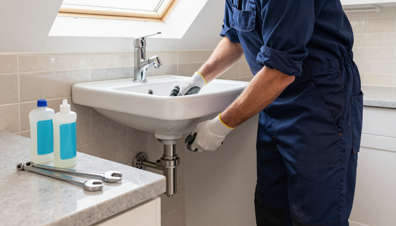 Plumber in blue coveralls repairing a bathroom sink under a window, with cleaning supplies nearby