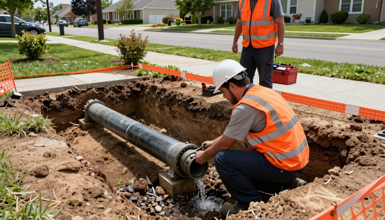 Construction workers repairing a broken underground pipe in a trench, with water leaking out.