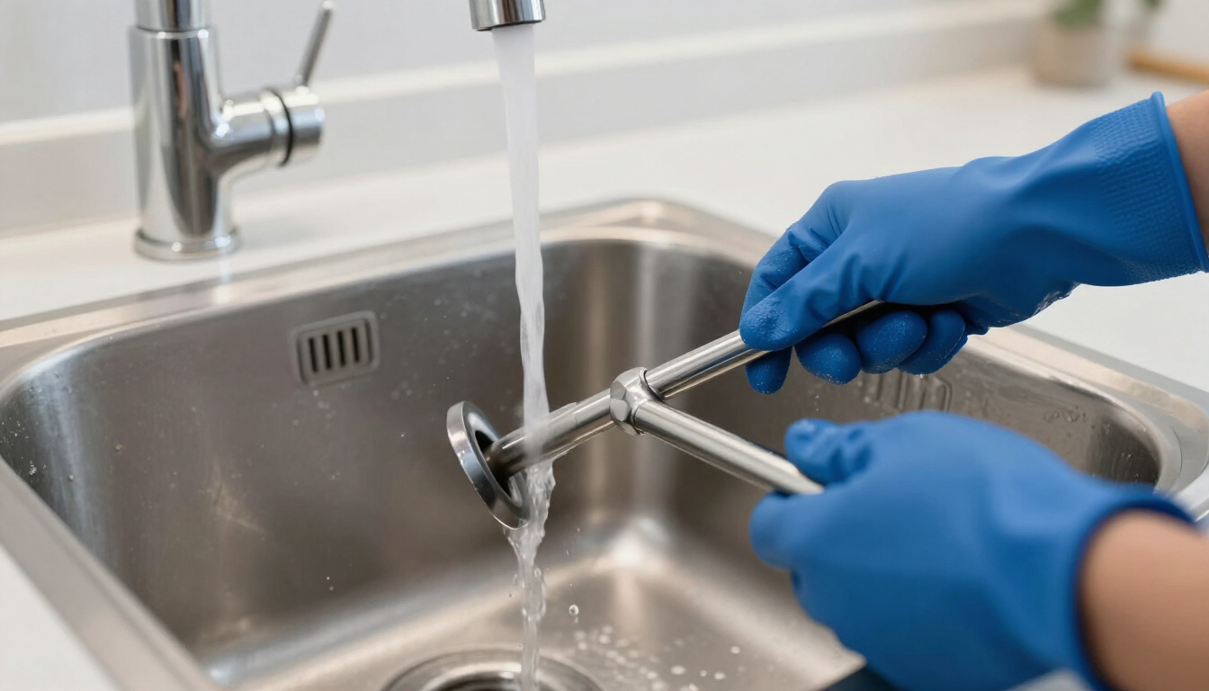 Blue-gloved hands rinsing a tool at a stainless steel sink under running water