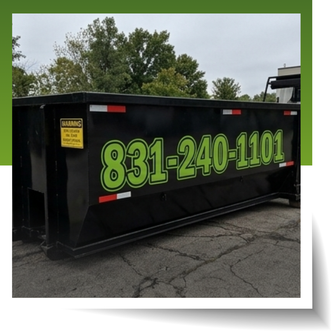 Three junk removal team, a dumpster behind it.