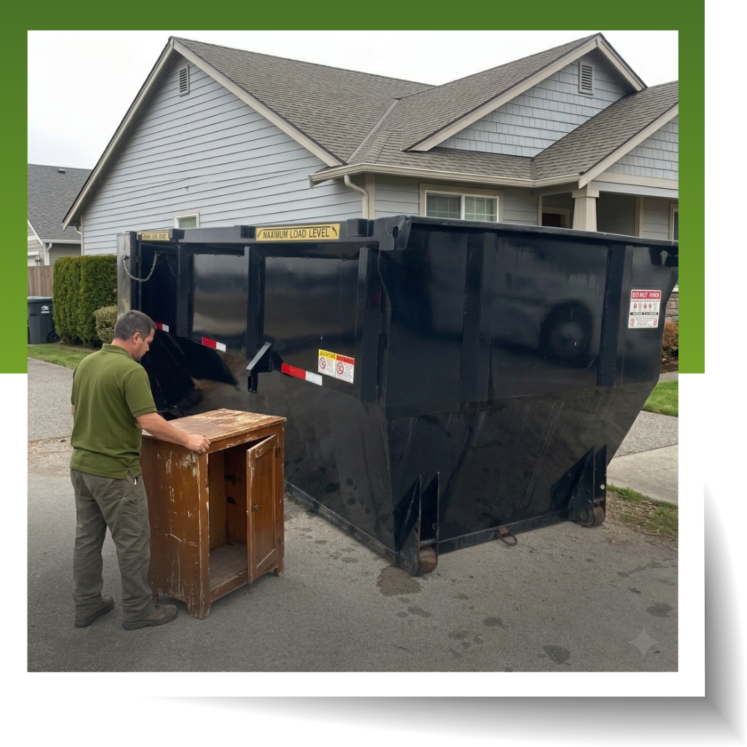 An image of a man, black dumpster and a house behind it.
