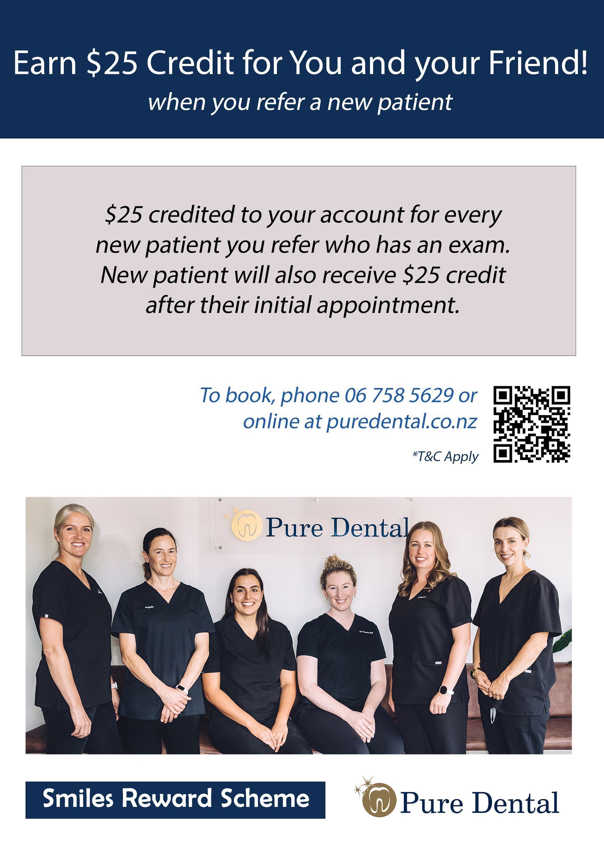 Pure Dental promo for $25 referral credit with staff photo and Smiles Reward Scheme banner Pure Dental promo for $25 referral credit with staff photo and Smiles Reward Scheme banner