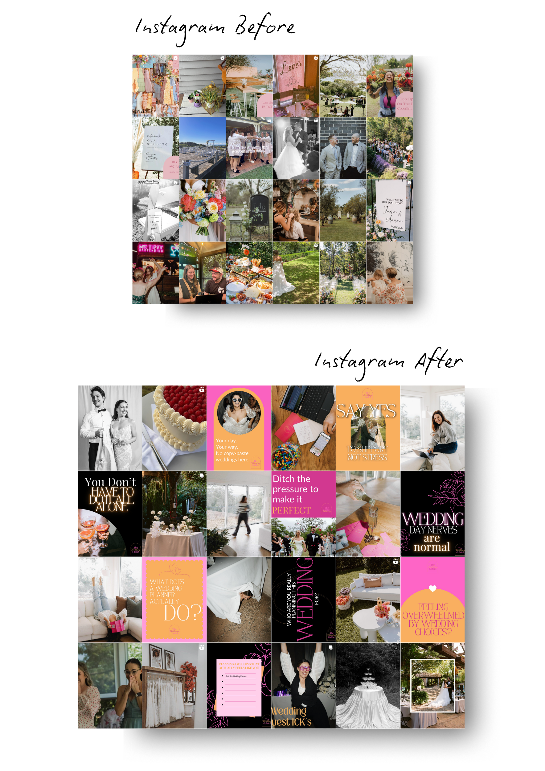 Two Instagram grids, before and after a change; one with many images, the other colorful and stylized.