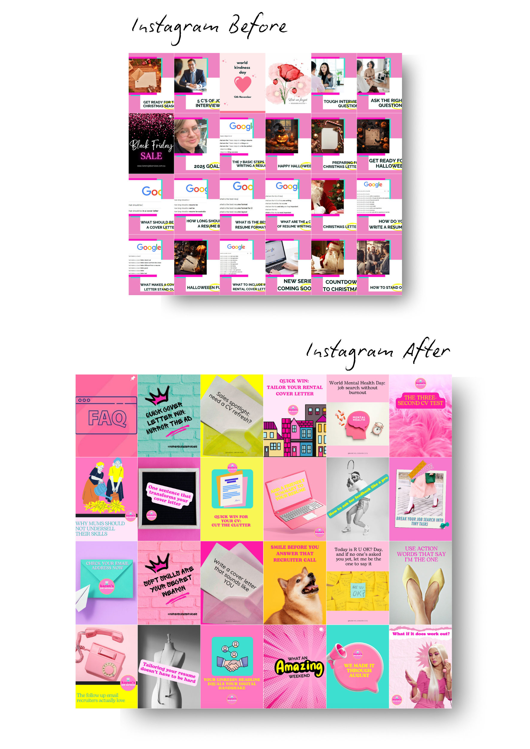 Two grids of pink Instagram posts, top one is mostly faces, bottom grid is illustrations.