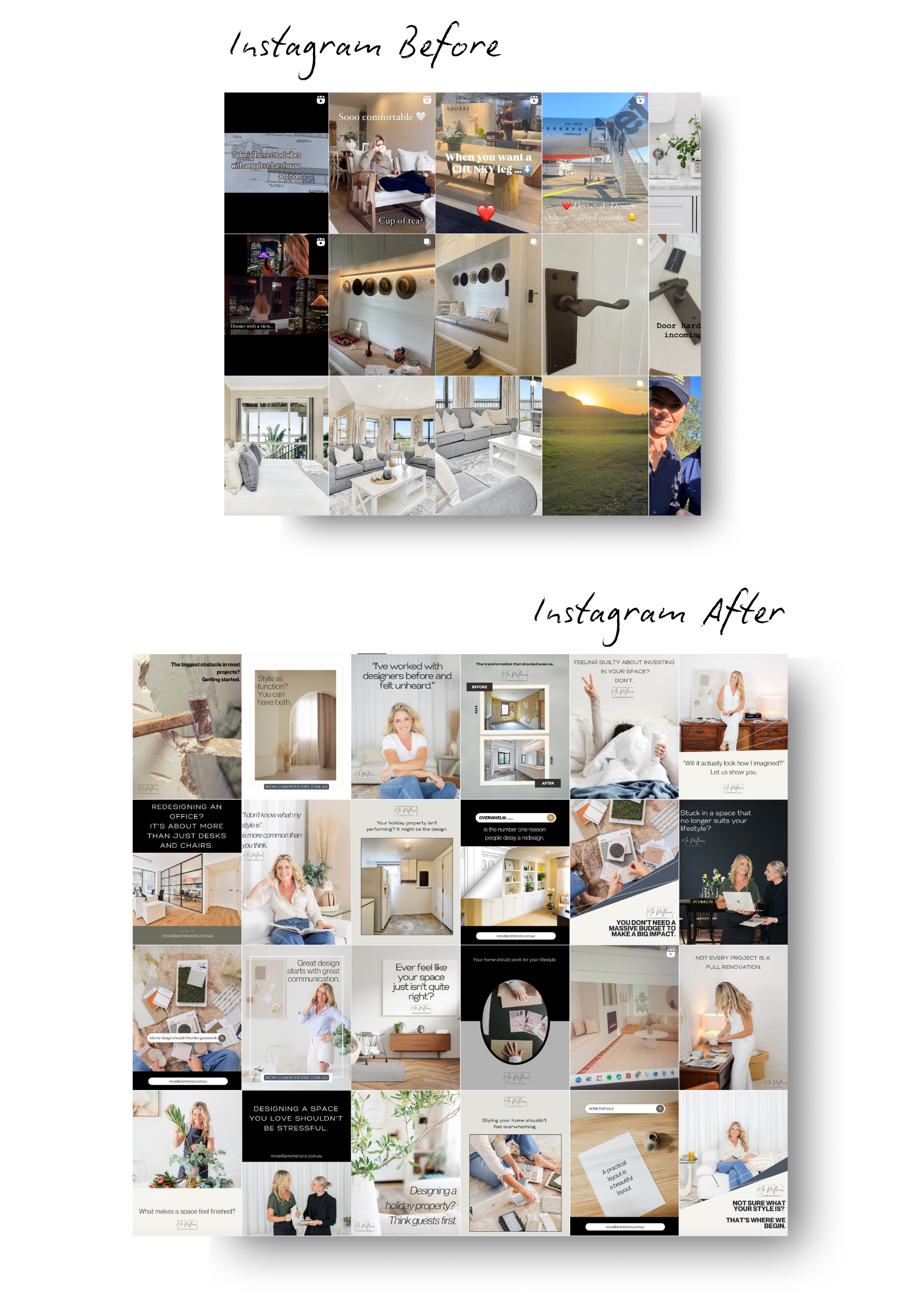 Instagram feed comparisons: before and after, showcasing interior design and lifestyle photos with neutral tones.