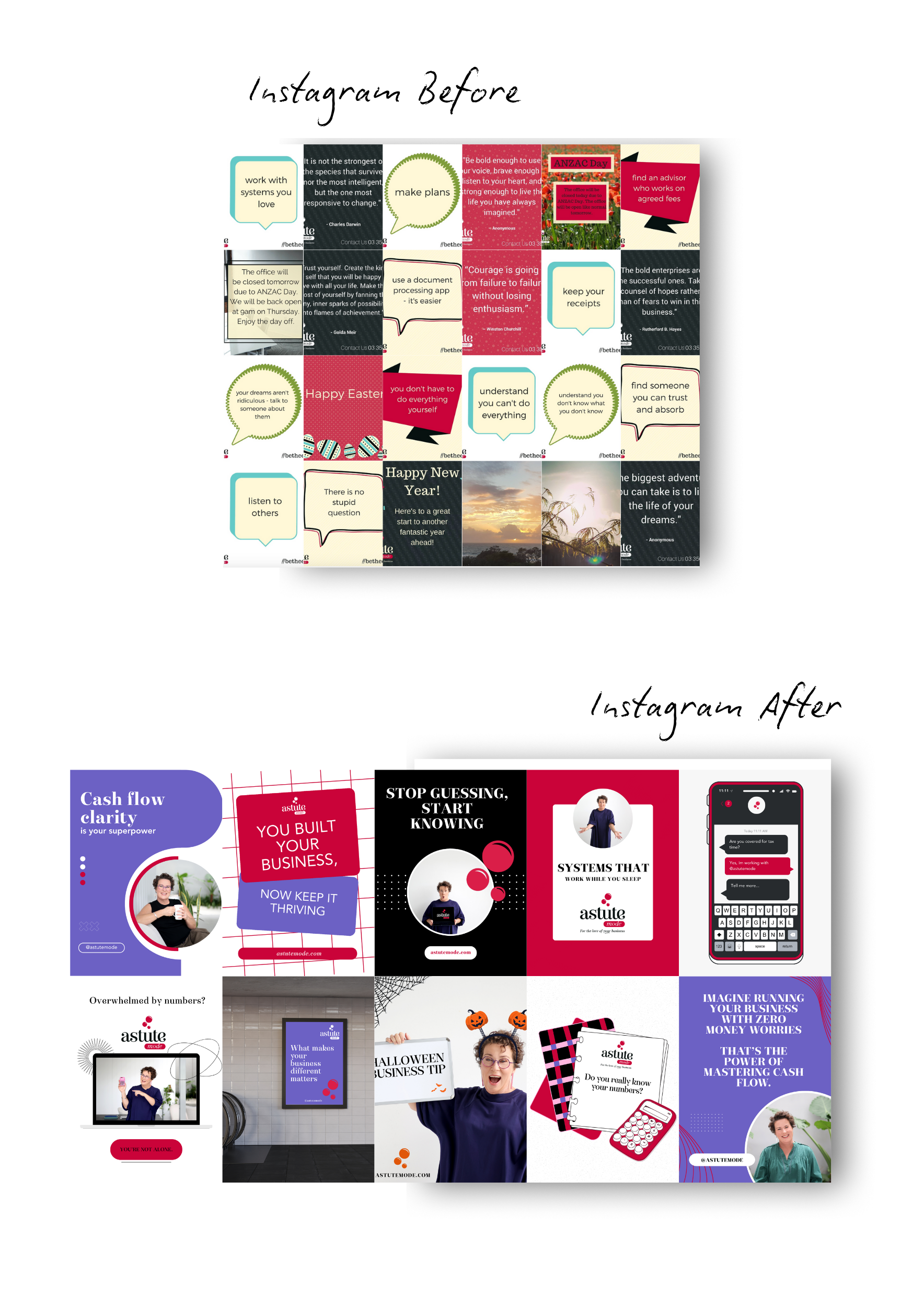 Instagram profile before and after. Grid layout changed with cleaner design, bold colors, and professional portraits.