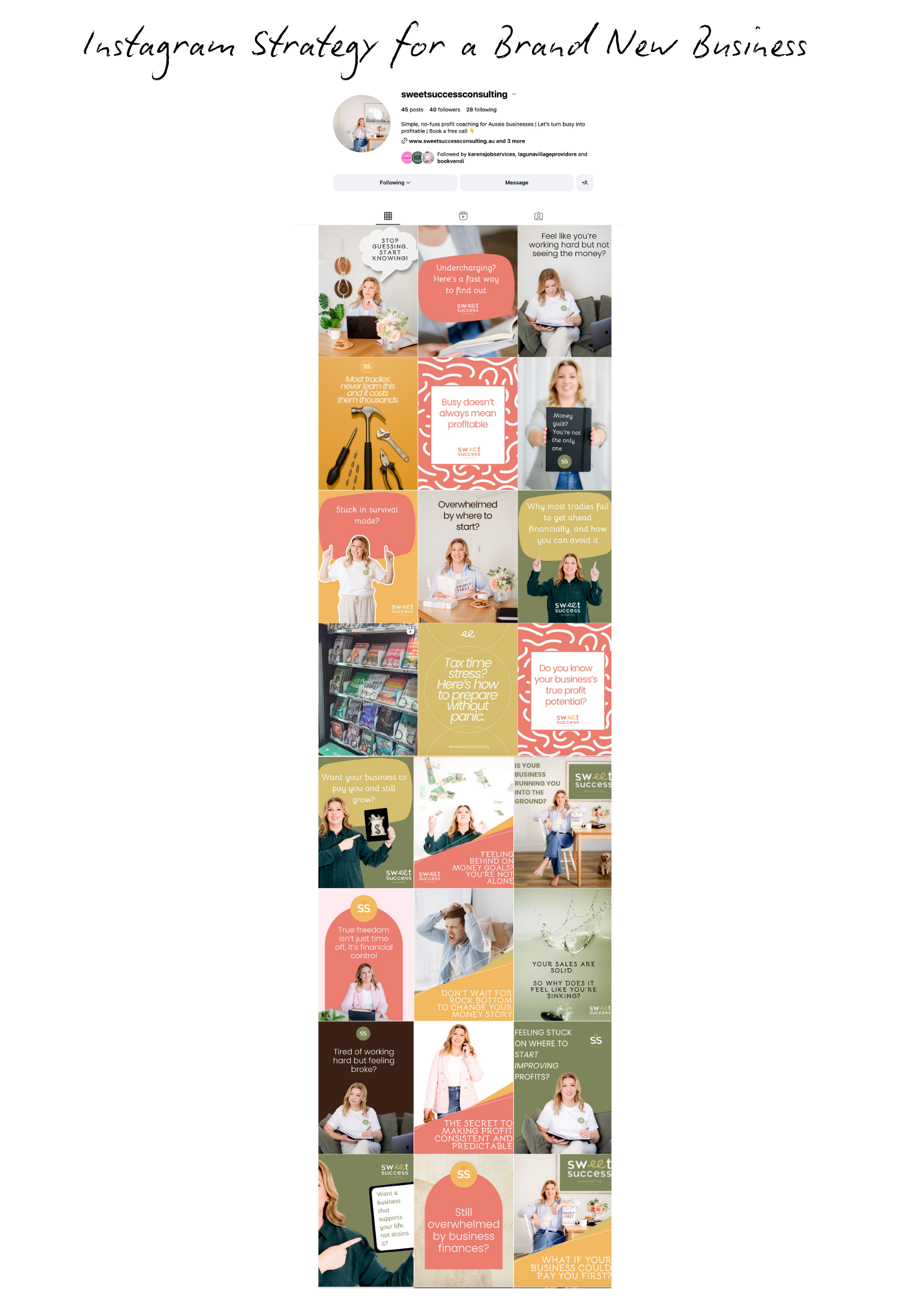 Instagram grid for a new business, featuring colorful posts with text, photos of people, and product shots.