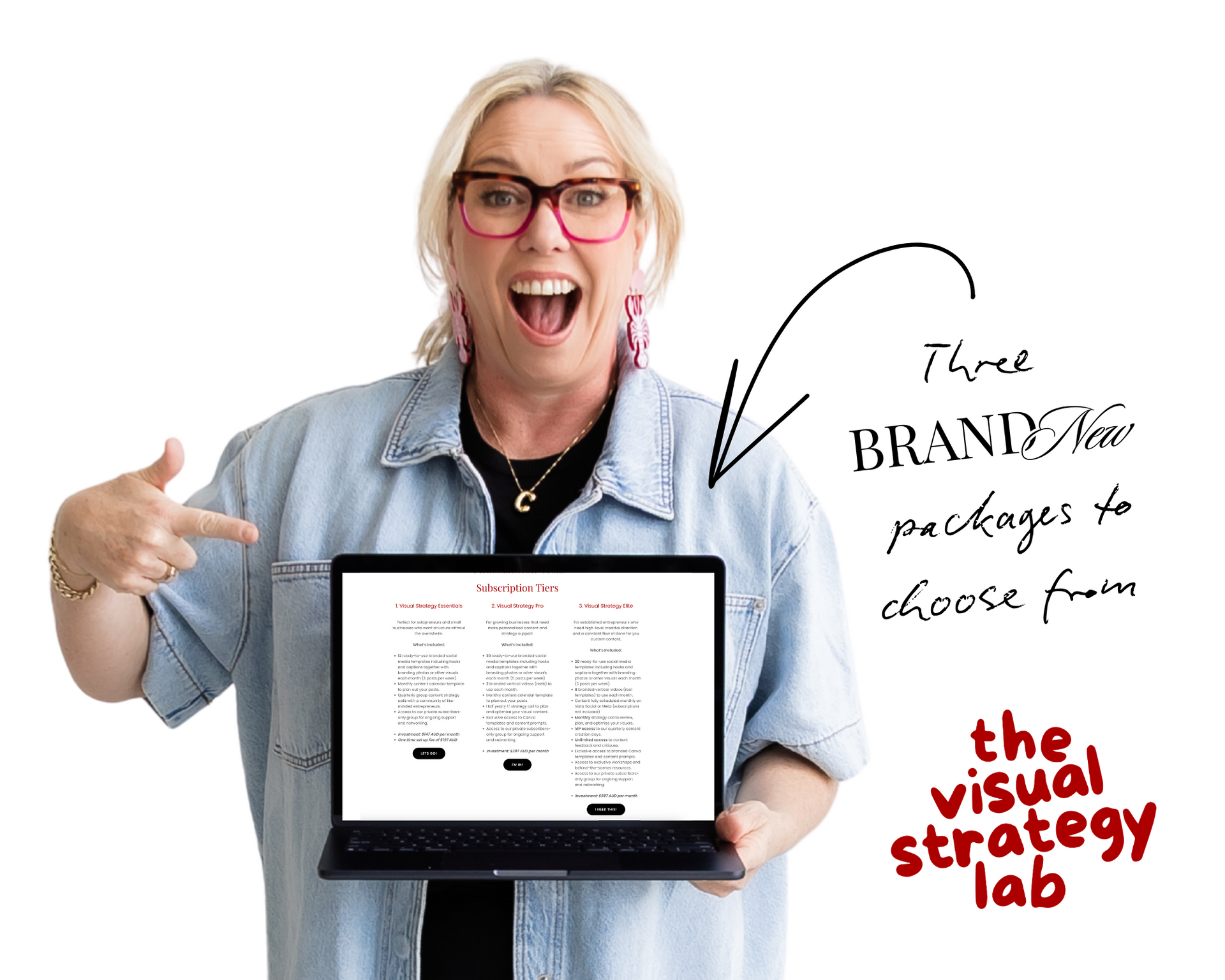Woman pointing at laptop showing three new packages, visual strategy lab logo, white background.