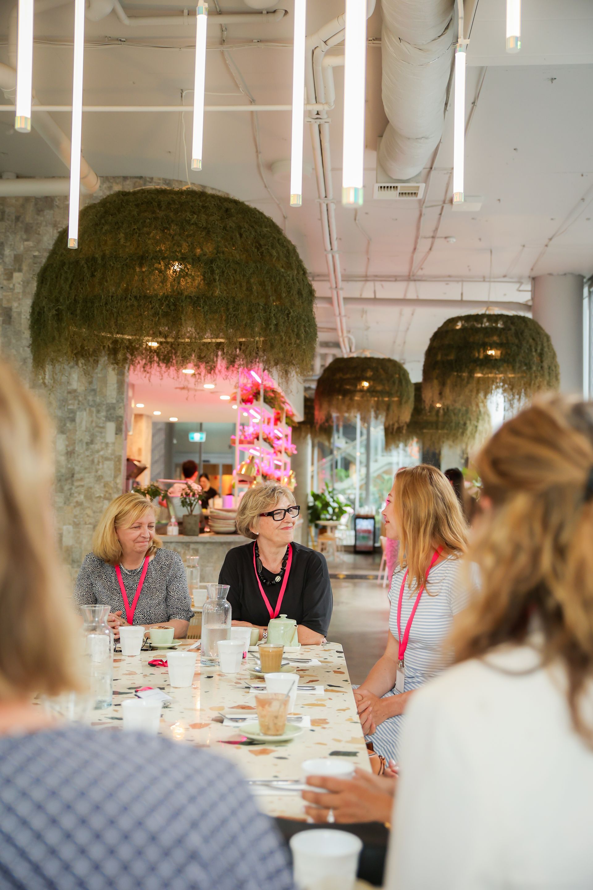 People seated at a table in a brightly lit dining area with hanging plant decorations, talking and smiling.