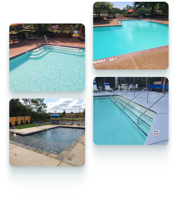 Four photos of swimming pools with stairs and handrails. Varying shapes, colors and settings.