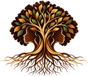 Healing Roots tree with two Afro profile silhouettes and branching roots