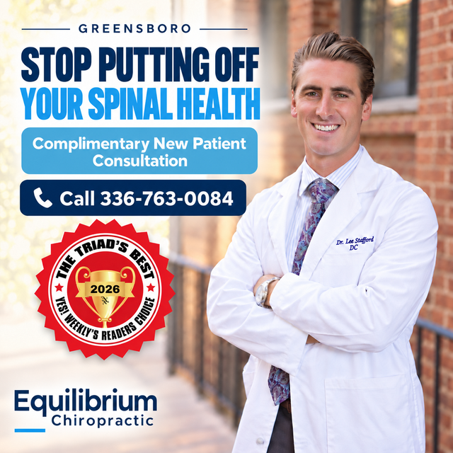 Greensboro chiropractic ad with smiling doctor, “Stop putting off your spinal health,” and phone number.