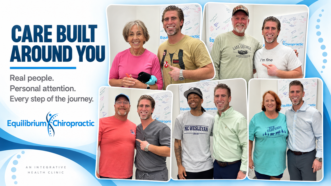 Clinic team collage with slogan “Care built around you” and “Equilibrium Chiropractic” branding