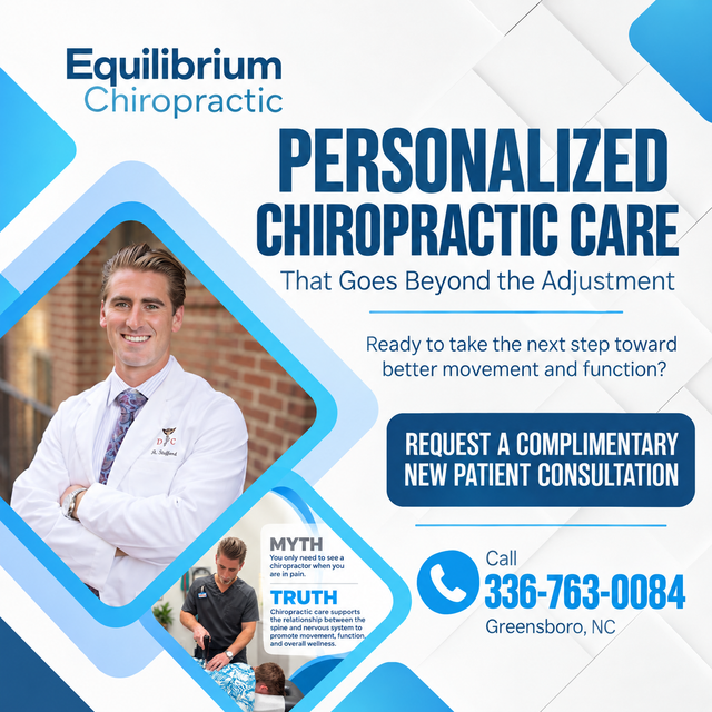 Equilibrium Chiropractic ad for personalized care, with smiling chiropractor, blue accents, and call-to-action phone number.