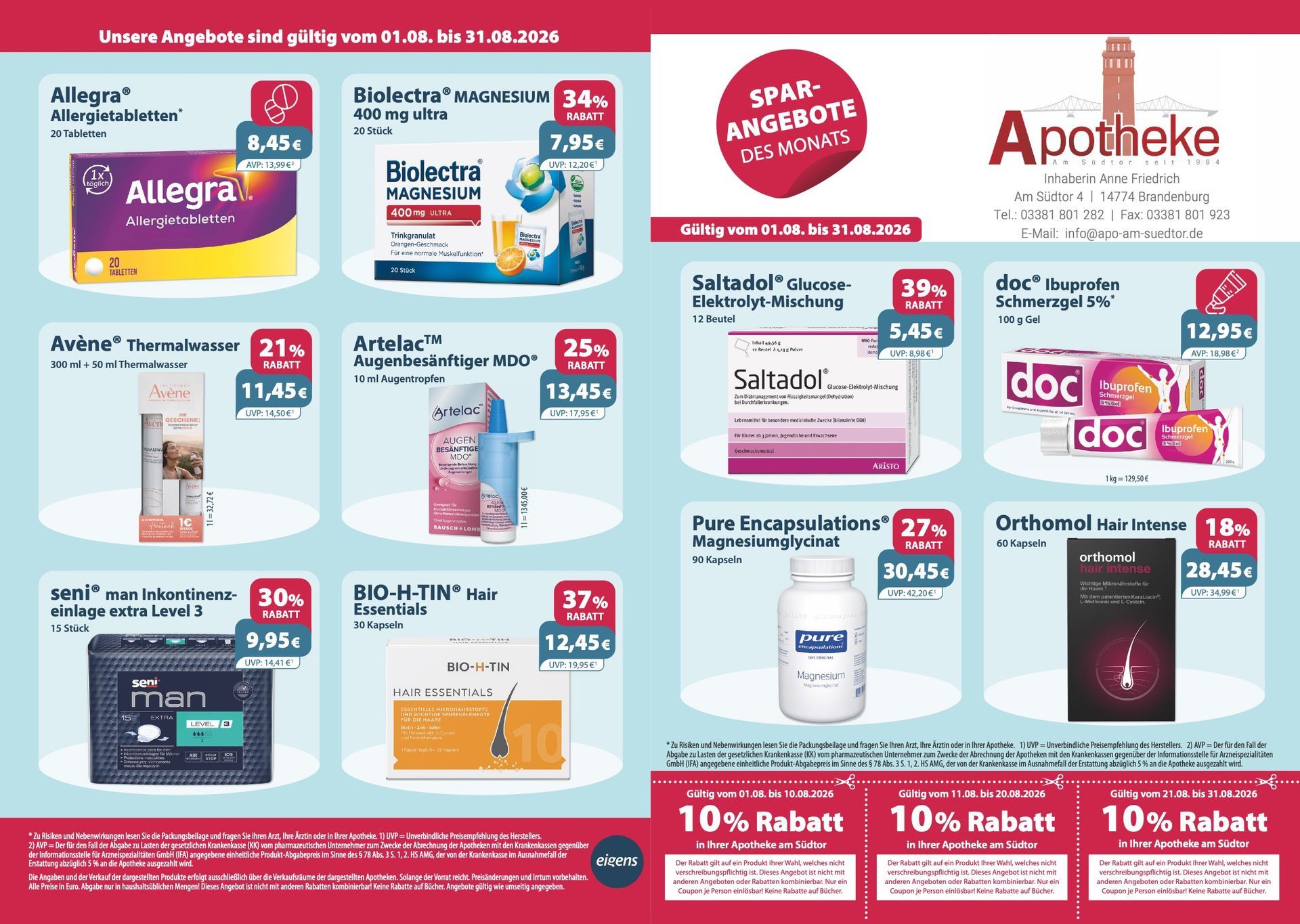 Apothekenwerbung mit preisreduzierten Gesundheitsprodukten.