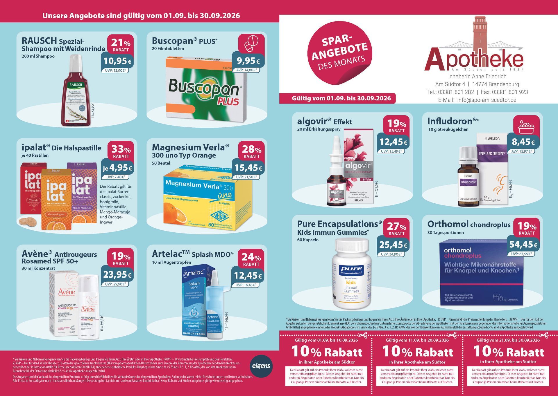 Apothekenwerbung mit preisreduzierten Gesundheitsprodukten.