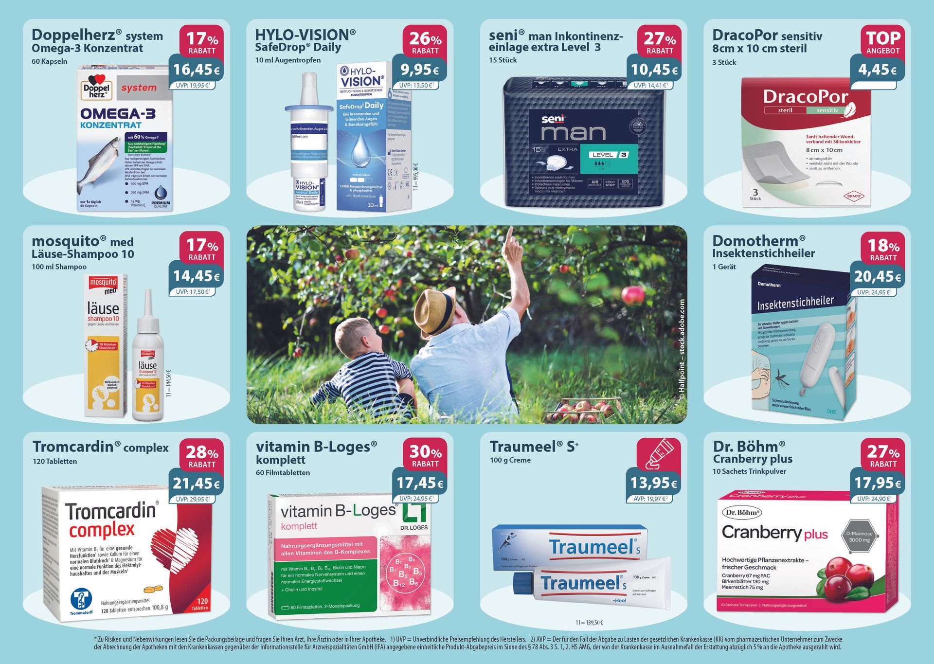 Werbebild für Gesundheitsprodukte. Mitte: Person beim Pilzesammeln. Weitere Produkte sind Pillen, Vitamine usw.