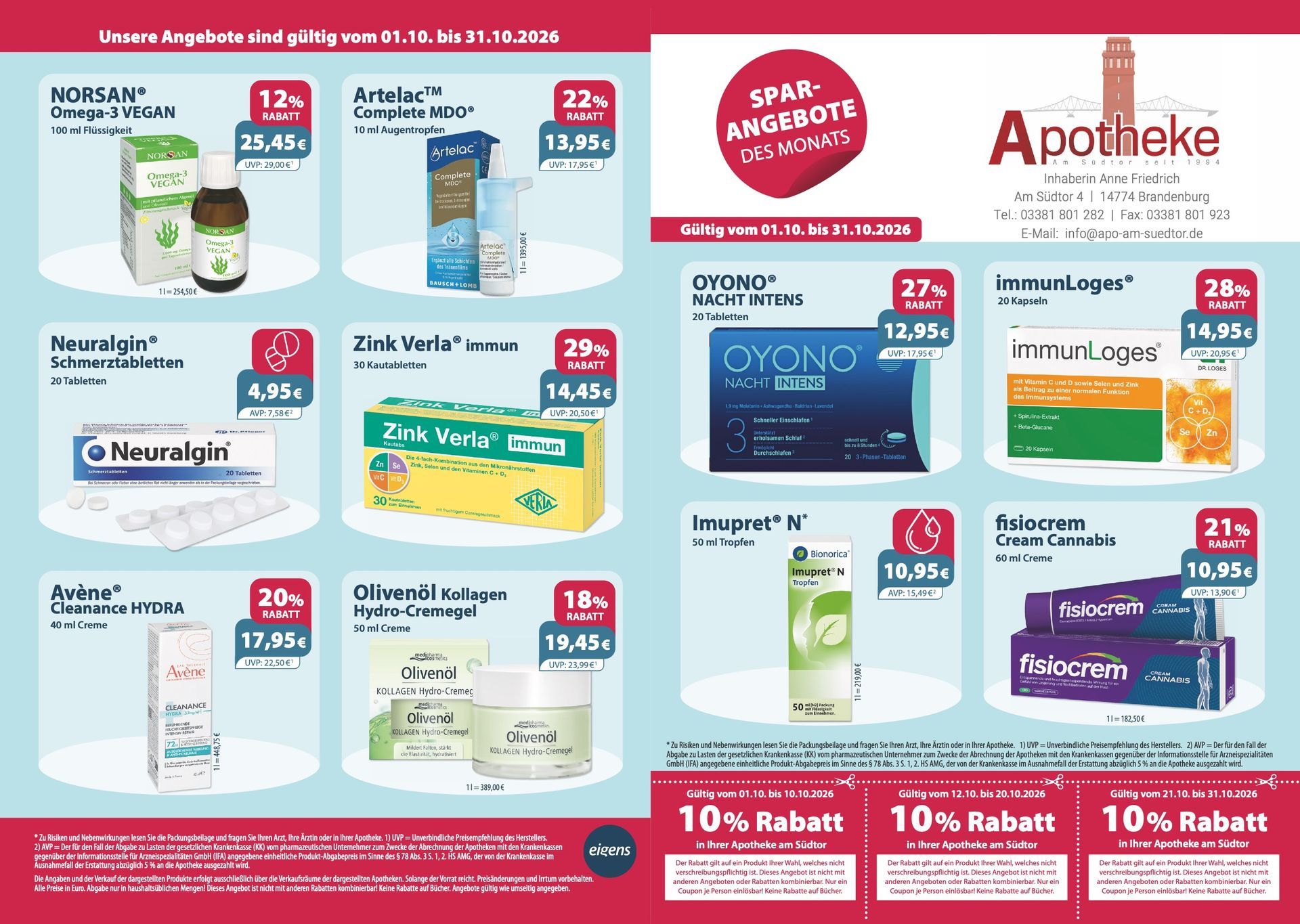 Apothekenwerbung mit preisreduzierten Gesundheitsprodukten.
