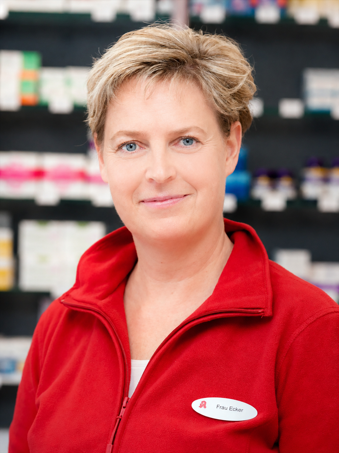 Frau mit kurzen blonden Haaren, trägt eine rote Jacke und lächelt in einem Laden.