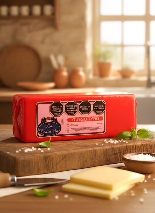 Bloque de queso rojo sobre una tabla de madera con queso en rodajas y un cuchillo en una cocina.