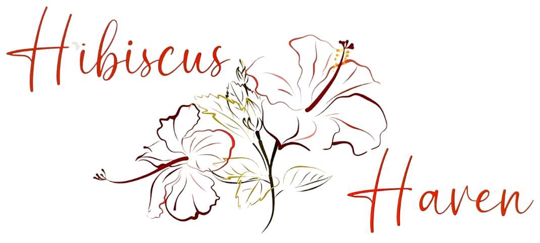 A logo for hibiscus haven with two hibiscus flowers on a white background.